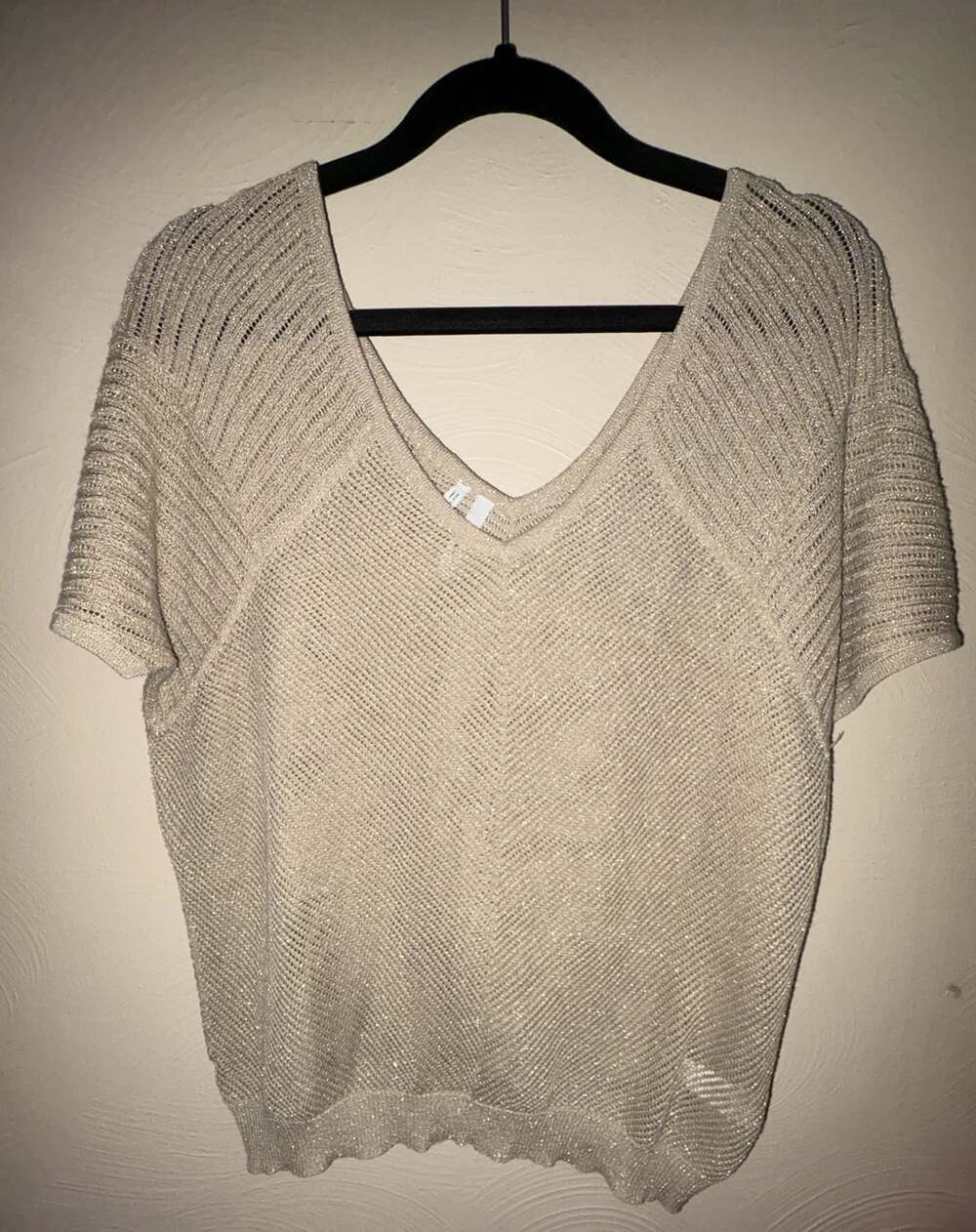 Y2K Studio Y Metallic Knit Sheer Short Sleeve V-Neck Top Beige Size M
